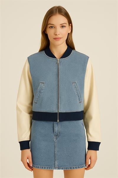 Kadın Kol Deri Kot Ceket Mavi