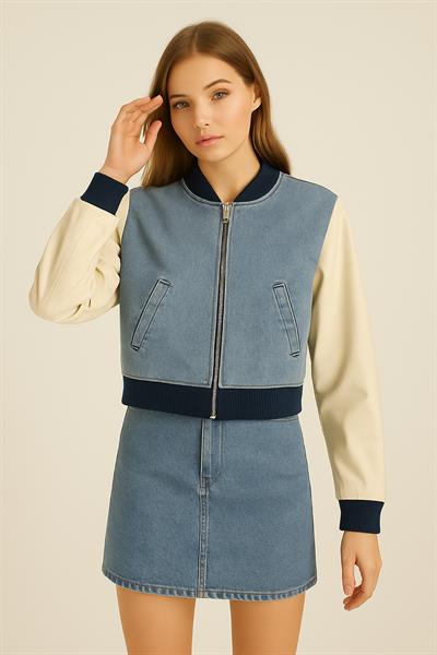 Kadın Kol Deri Kot Ceket Mavi