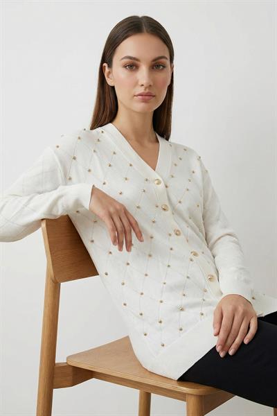 Kadın Merserize Baklava Desen Hırka Ekru