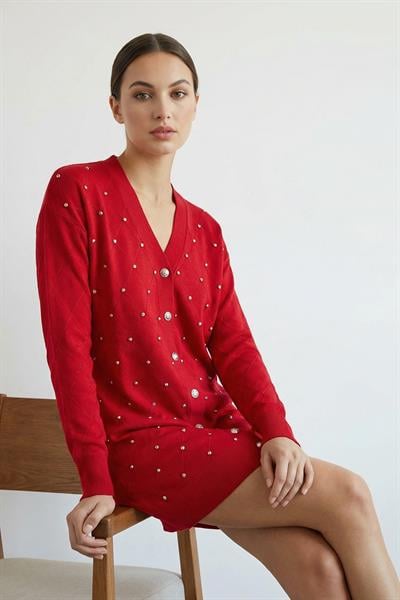 Kadın Merserize Baklava Desen Hırka Kırmızı