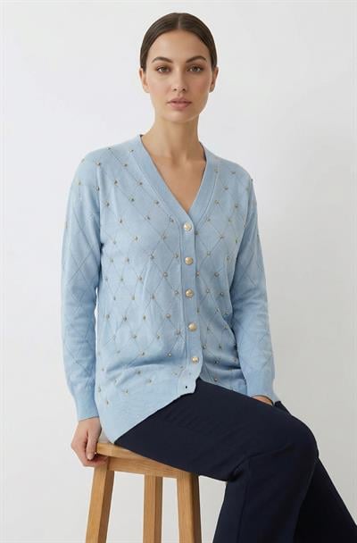 Kadın Merserize Baklava Desen Hırka Mavi