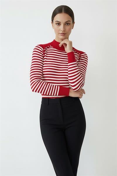 Kadın Omuz Taşlı Çizgili Triko Bluz Kırmızı