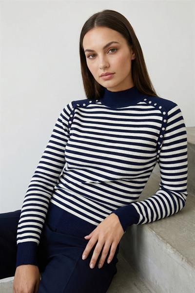 Kadın Omuz Taşlı Çizgili Triko Bluz Lacivert