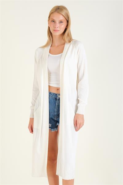 Kadın Oversize Cepli Uzun Hırka Ekru
