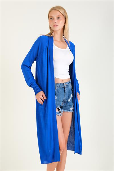 Kadın Oversize Cepli Uzun Hırka Saks Mavi