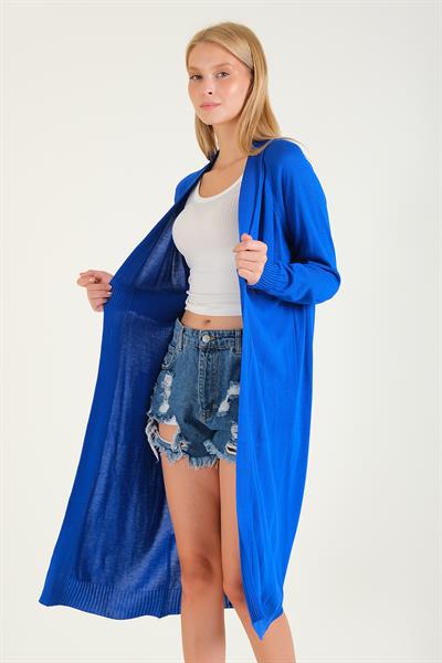 Kadın Oversize Cepli Uzun Hırka Saks Mavi