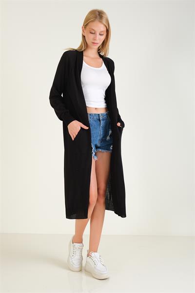 Kadın Oversize Cepli Uzun Hırka Siyah