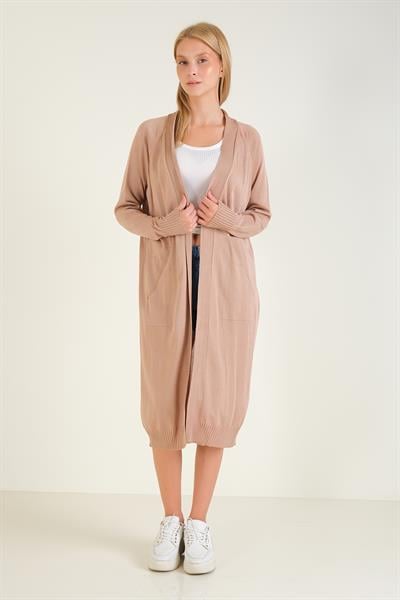 Kadın Oversize Cepli Uzun Hırka Vizon