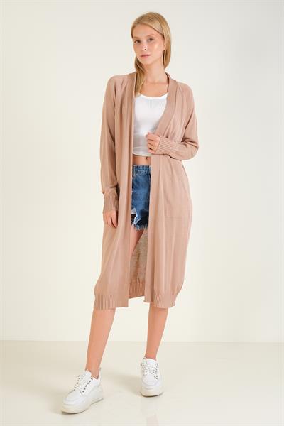 Kadın Oversize Cepli Uzun Hırka Vizon