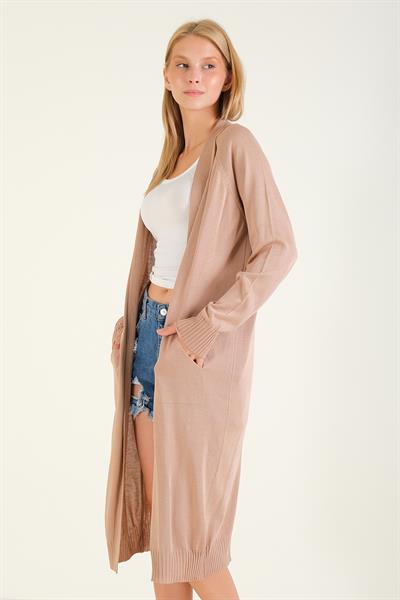 Kadın Oversize Cepli Uzun Hırka Vizon