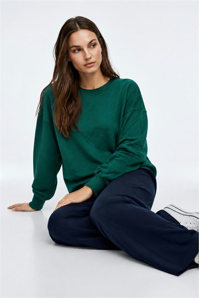 Kadın Oversize İki İp Salaş Sweatshirt Yeşil