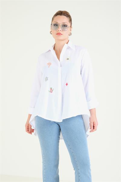 Kadın Oversize İşlemeli Gömlek Beyaz