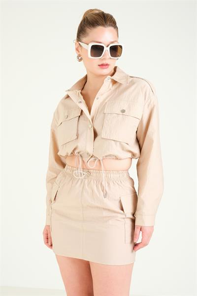 Kadın Paraşüt Mini Etek Camel