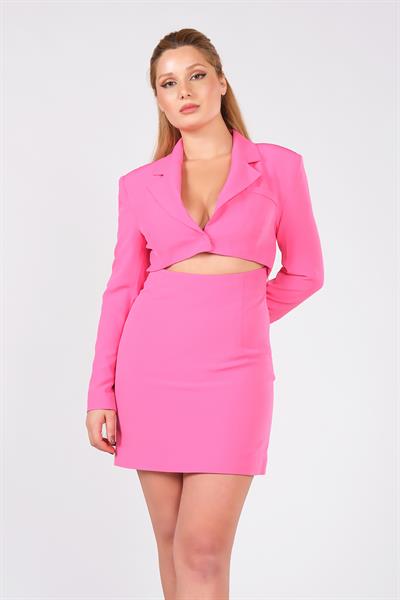 Kadın Pencere Detaylı Uzun Kol Elbise Pembe