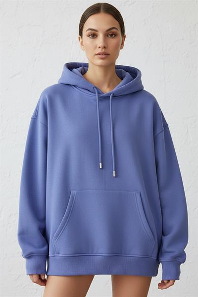 Kadın Pendepe Üç İp Şardonlu Kapşonlu Kanguru Cep Sweatshirt Lila
