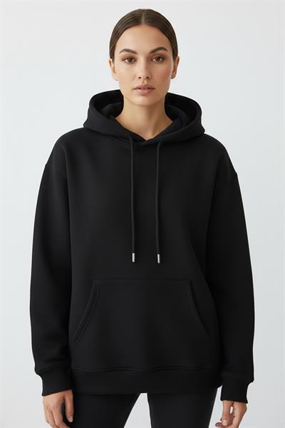 Kadın Pendepe Üç İp Şardonlu Kapşonlu Kanguru Cep Sweatshirt Siyah