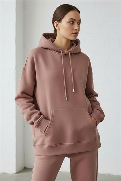 Kadın Pendepe Üç İp Şardonlu Kapşonlu Kanguru Cep Sweatshirt Somon