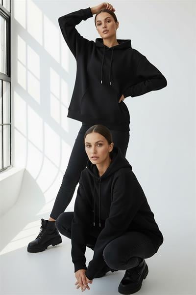 Kadın Pendepe Üç İp Şardonlu Kapşonlu Kanguru Cep Sweatshirt Siyah