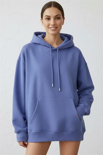 Kadın Pendepe Üç İp Şardonlu Kapşonlu Kanguru Cep Sweatshirt Lila