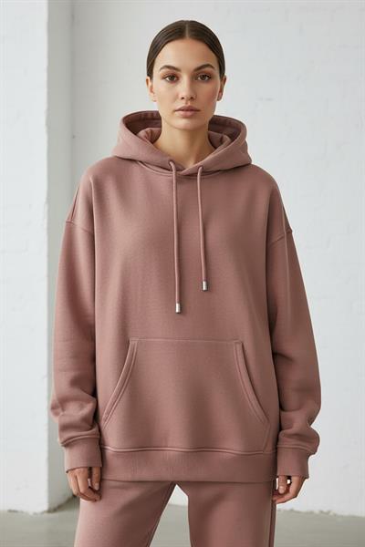 Kadın Pendepe Üç İp Şardonlu Kapşonlu Kanguru Cep Sweatshirt Somon