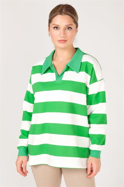 Kadın Polo Yaka Çizgili Sweatshirt Yeşil