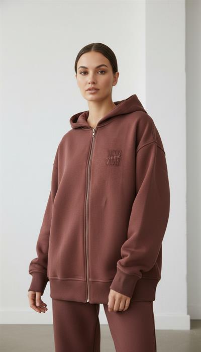 Kadın Şardonlu Üç İp Kapşonlu Fermuarlı Emma Sweatshirt Kahverengi