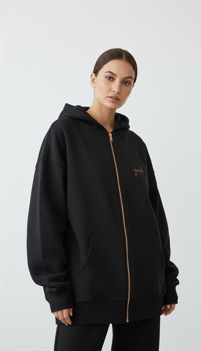 Kadın Şardonlu Üç İp Kapşonlu Fermuarlı Emma Sweatshirt Siyah