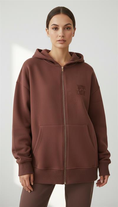 Kadın Şardonlu Üç İp Kapşonlu Fermuarlı Emma Sweatshirt Kahverengi