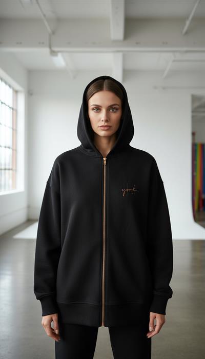 Kadın Şardonlu Üç İp Kapşonlu Fermuarlı Emma Sweatshirt Siyah