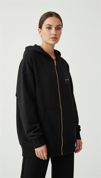 Kadın Şardonlu Üç İp Kapşonlu Fermuarlı Emma Sweatshirt Siyah