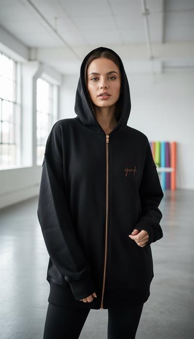 Kadın Şardonlu Üç İp Kapşonlu Fermuarlı Emma Sweatshirt Siyah