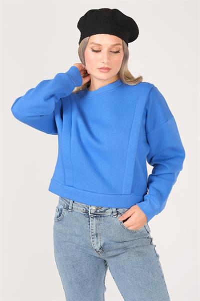 Kadın Sıfır Yaka Crop Sweatshirt Saks Mavi