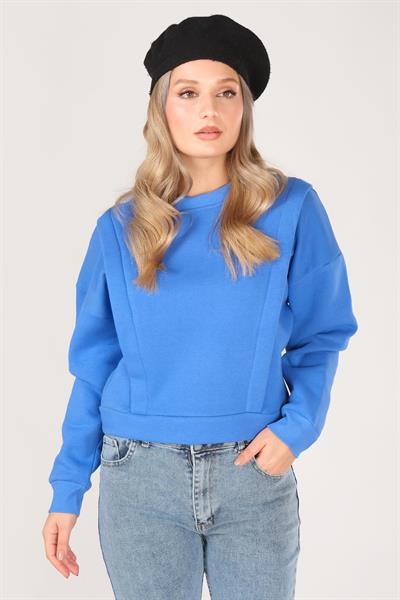 Kadın Sıfır Yaka Crop Sweatshirt Saks Mavi