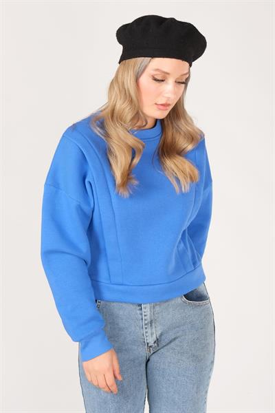 Kadın Sıfır Yaka Crop Sweatshirt Saks Mavi