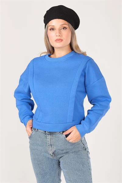 Kadın Sıfır Yaka Crop Sweatshirt Saks Mavi