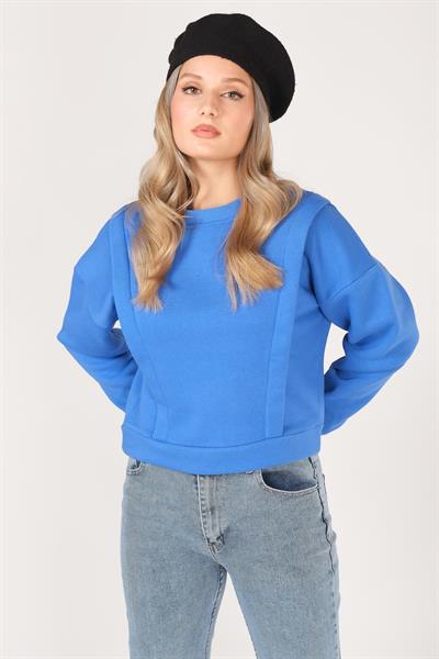 Kadın Sıfır Yaka Crop Sweatshirt Saks Mavi