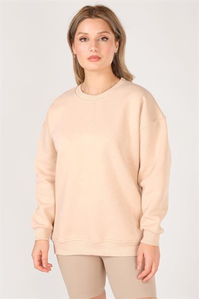 Kadın Sıfır Yaka Oversize Sweatshirt Bej