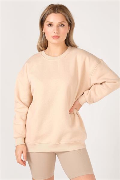 Kadın Sıfır Yaka Oversize Sweatshirt Bej