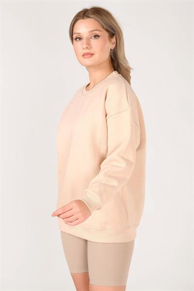 Kadın Sıfır Yaka Oversize Sweatshirt Bej
