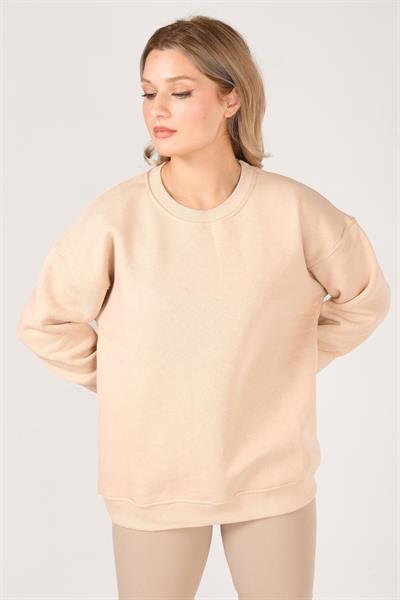 Kadın Sıfır Yaka Oversize Sweatshirt Bej