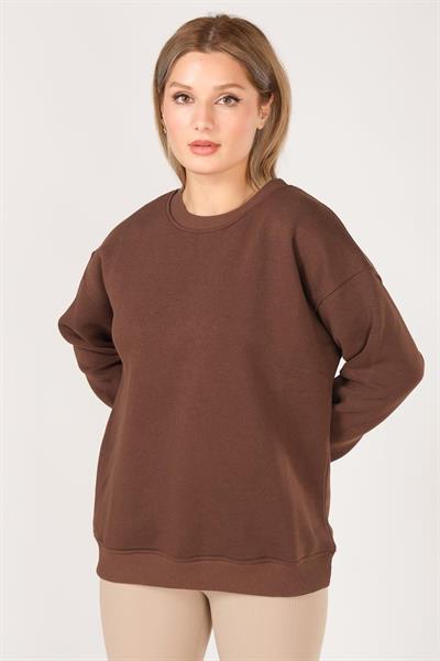 Kadın Sıfır Yaka Oversize Sweatshirt Kahverengi