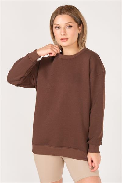 Kadın Sıfır Yaka Oversize Sweatshirt Kahverengi