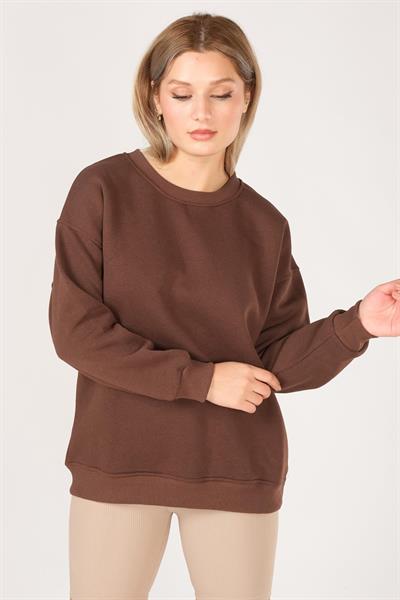Kadın Sıfır Yaka Oversize Sweatshirt Kahverengi