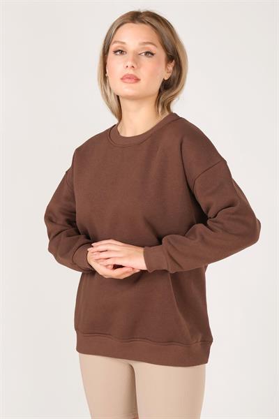 Kadın Sıfır Yaka Oversize Sweatshirt Kahverengi