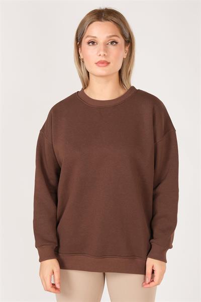 Kadın Sıfır Yaka Oversize Sweatshirt Kahverengi