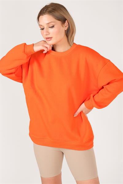 Kadın Sıfır Yaka Oversize Sweatshirt Turuncu
