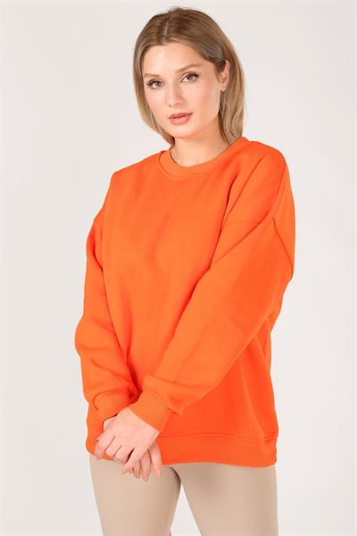 Kadın Sıfır Yaka Oversize Sweatshirt Turuncu