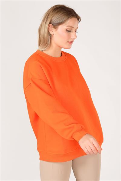 Kadın Sıfır Yaka Oversize Sweatshirt Turuncu
