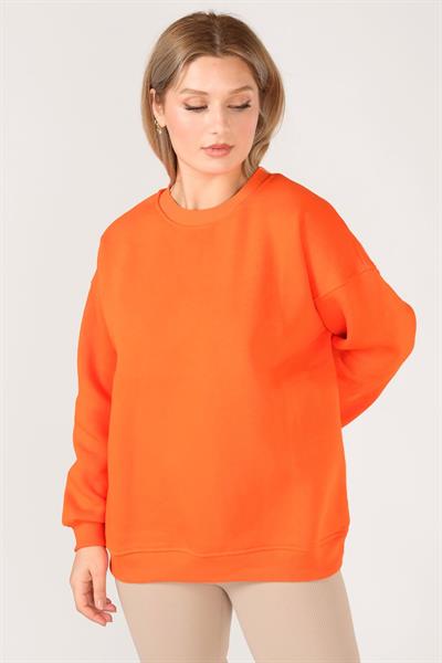 Kadın Sıfır Yaka Oversize Sweatshirt Turuncu