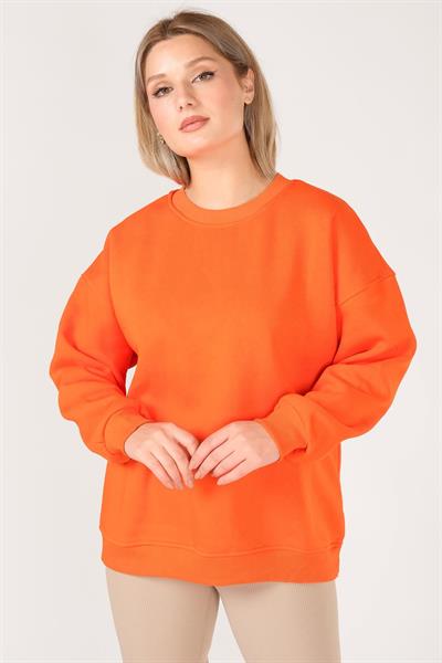 Kadın Sıfır Yaka Oversize Sweatshirt Turuncu